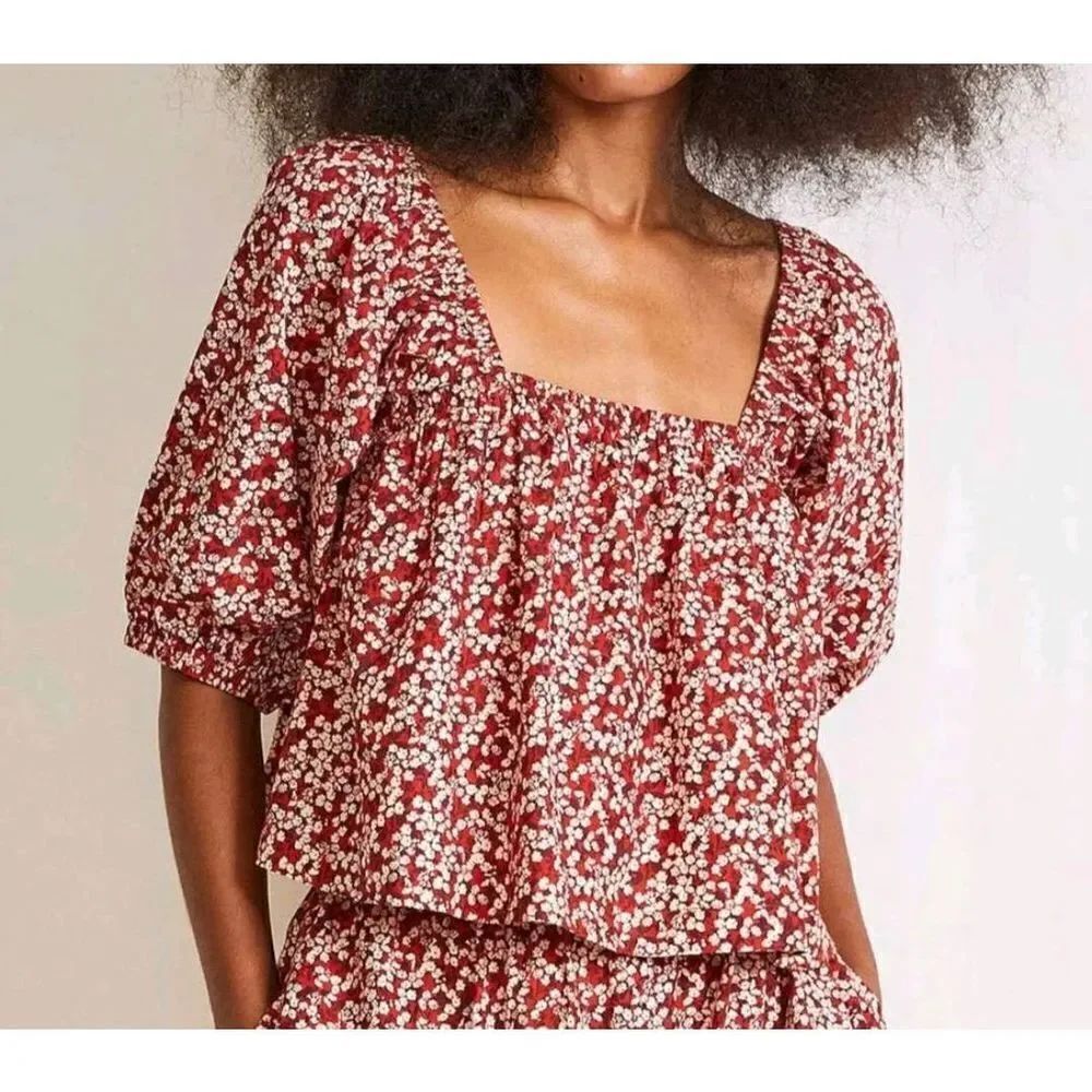Apiece Apart Gali Shirred Poplin Square Neck Floral-Print Blouse sz Medium